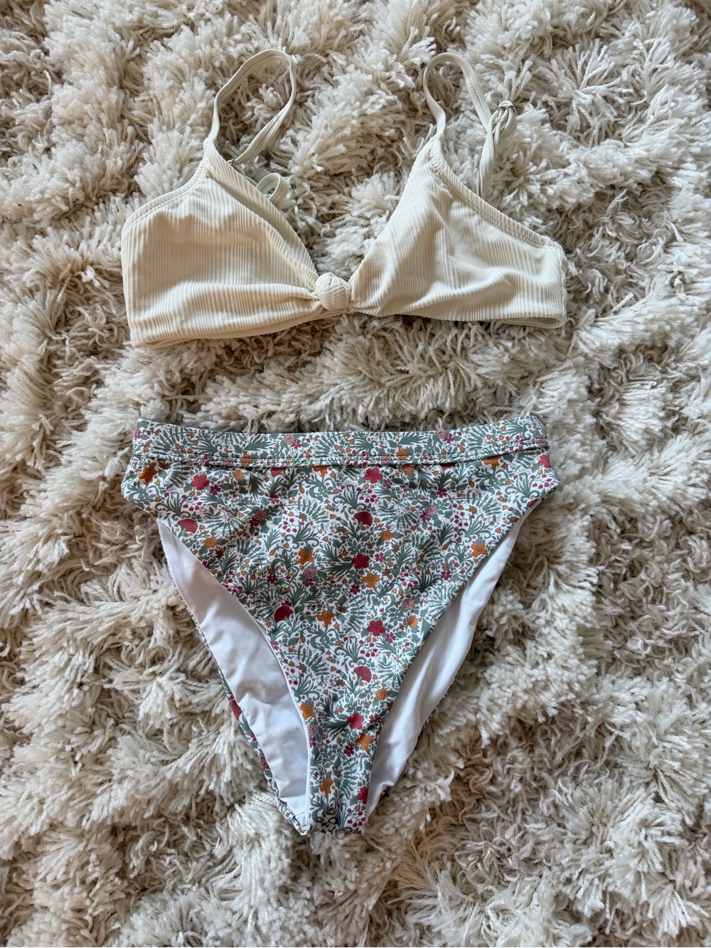 Dippin' Daisy's Cream Ribbed Knot Bralette with Floral High-Waist Bikini Bottoms